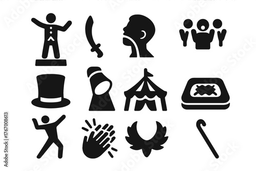 Circus Performance Icons. Solid style icons of Circus Performance: Performance, Curved Sword, Throat, Audience Gasp, Top Hat,