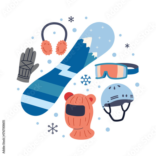 Snowboarding equipment set with board, gloves, helmet, goggles and warm accessories. Winter sport gear. Trendy modern vector illustration isolated on white background, hand drawn, flat design