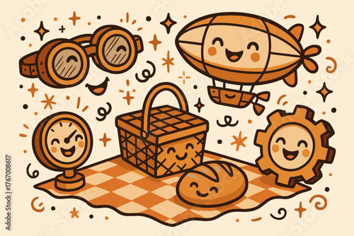 Steampunk Picnic Joy. Joyful doodle vector artwork of a steampunk picnic scene with goggles, a gear, an airship, and a pressure