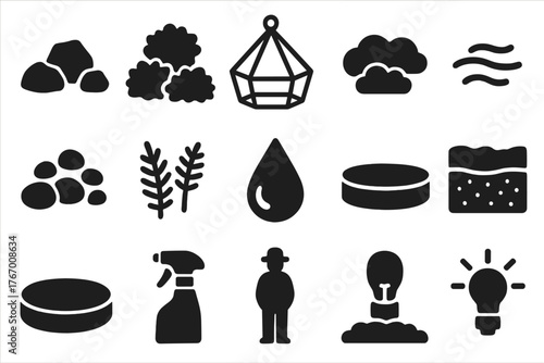 Moss Terrarium Icons. Solid style icons of Moss Collection: Miniature Rocks, Various Moss, Glass Terrarium, Mist, Pebbles, Tiny