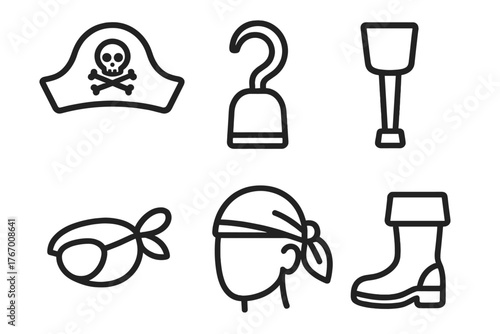 Pirate Crew Icons. Line style icons of pirate crew: captain hat, hook hand, peg leg, eye patch, bandana, boot. No text, No labels,