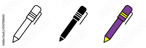 A modern flat-style office stationery pen icon in colored, filled, and stroke design. Represents office writing tools, business stationery, and creative equipment.