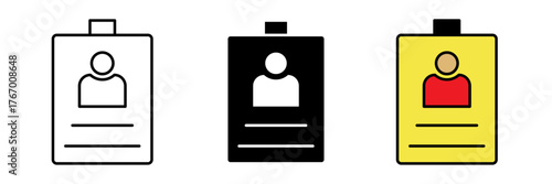 A modern flat-style employee ID badge icon in colored, filled, and stroke design. Represents office identification, staff profiles, and corporate identity cards.