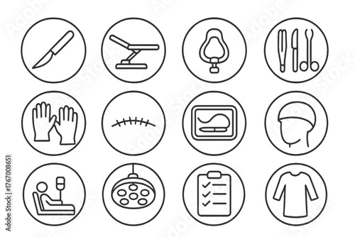 Surgical Procedure Icons. Line style round icons of surgical procedures: scalpel blade, surgery table, anesthesia mask, surgical