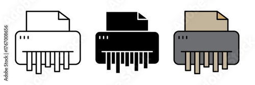 A modern flat-style paper shredder machine icon in colored, filled, and stroke design. Represents office document disposal, data security, and business equipment. 