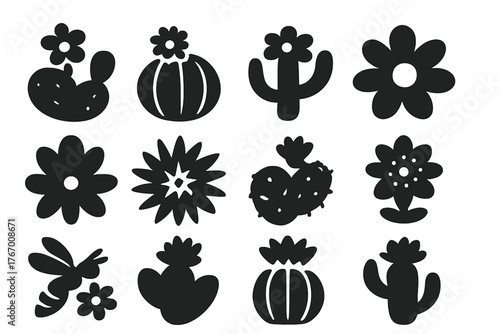 Blooming Cacti Icons. Solid style icons of Blooming Cacti: desert flower, cactus in bloom, flowering saguaro, opened petal, bright