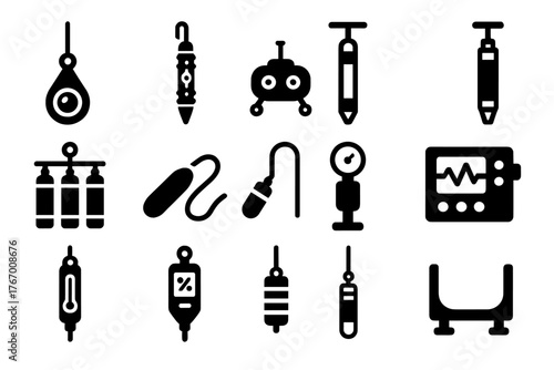 Research Probe Icons. Solid style icons of Research Probes: drop camera, sensor probe, robotic probe, core sampler, water sampler,