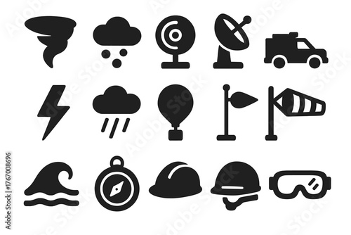 Severe Weather Icons. Solid style icons of Severe Weather Events: Twister, Hailstone, Doppler Radar, Storm Chaser Truck, Lightning