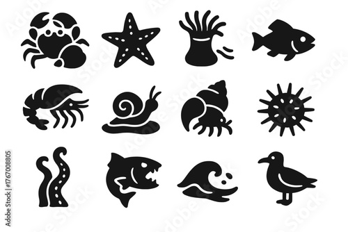 Tide Pool Life. Solid style icons of Tide Pool Interaction: crab holding shell, starfish moving, anemone closing, fish darting,