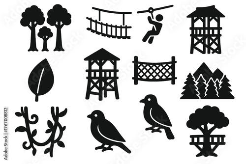 Forest Canopy Icons. Solid style icons of Forest Canopy Adventure: tall trees, rope bridge, zipline cable, wooden tower,