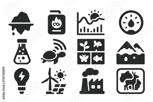 Environmental Science Icons. Solid style icons of Environmental science topics: melting ice cap, carbon sensor, climate graph, sea