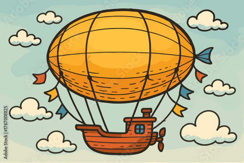 Cartoon Airship Adventure. Cartoon balloon-style airship with tiny doodle flags fluttering along the ropes