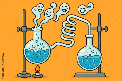 Cartoon Distillation Setup. Cartoon distillation setup with bubbling flasks, little grinning vapors curling upward