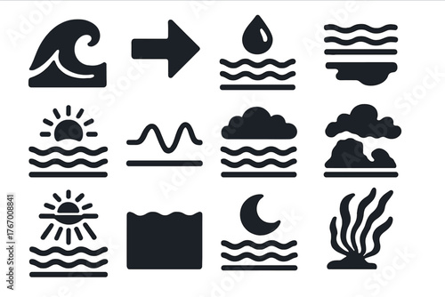 Ocean Conditions Icons. Solid style icons of Ocean conditions and environment: wave crest, current arrow, water clarity,