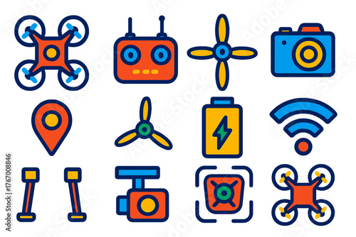 Drone Navigation Icons. Flat vector icons of Drone Navigation: drone, remote, propeller, camera, GPS, rotor, battery, signal,