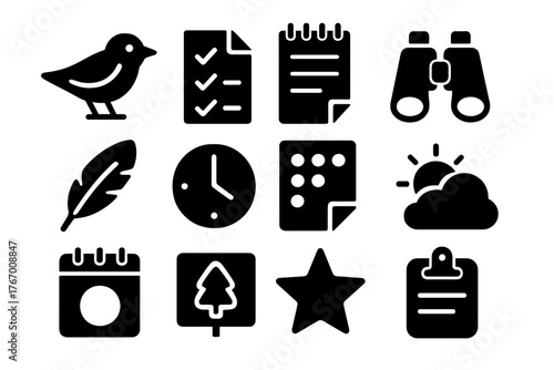 Birdwatching Journal Icons. Solid style icons of Birdwatching Journal: bird sketch, checklist page, field notes, binocular doodle,