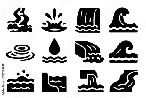 Flowing Water Icons. Solid style icons of Flowing Water: river current, water splash, waterfall, stream wave, rippling surface,