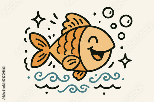 Cheerful Fish Doodle. Cute doodle vector artwork of a cheerful fish with a big grin, decorated with doodle waves, bubbles, and