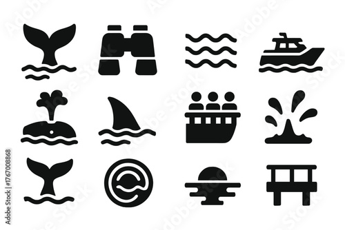 Whale Watching Icons. Solid style icons of Whale Watching: whale tail, binoculars, ocean waves, tour boat, spouting blowhole,