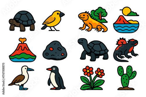 Galapagos Wildlife Icons. Flat vector icons of Galapagos Exploration: tortoise, finch, iguana, unique ecosystem, volcanic island,