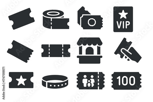 Carnival Ticket Icons. Solid style icons of Carnival Tickets: single ticket, ticket roll, stamped ticket, VIP ticket, torn ticket,