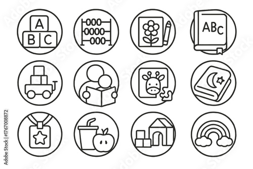 Early Childhood Icons. Line style round icons of early childhood learning: alphabet blocks, counting beads, coloring page, ABC