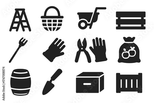Harvest Tool Icons. Solid style icons of Harvest Tools: wooden ladder, wicker basket, orchard cart, wooden crate, picking pole,