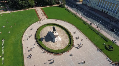 Bronze Horseman monument in tranquil city park, Saint Petersburg, aerial view 