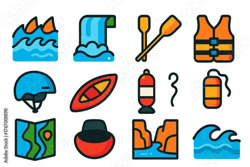 Whitewater Canoeing Icons. Flat vector icons of Whitewater Canoeing: rapids, waterfall, paddle, life jacket, helmet, canoe, buoy,