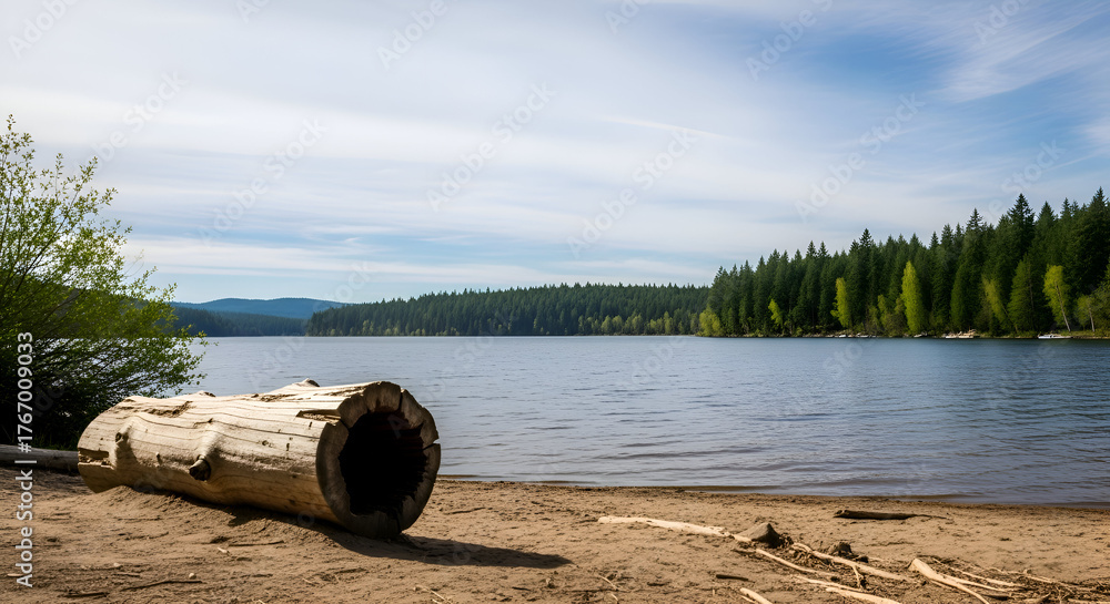 Fototapeta premium A weathered log rests on a sandy beach with a calm lake and lush green forest in the background under a partly cloudy sky