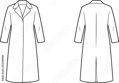 Long coat sketch, fashion illustration, notched lapel, tailored silhouette, technical drawing, garment design, back view, vector template, outerwear flat
