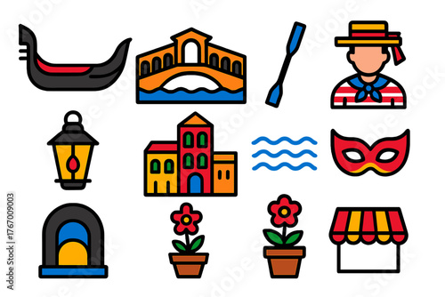 Gondolier Icon Set. Flat vector icons of Gondolier Life: gondola, Venice, oar, bridge, gondolier, lantern, water, building, mask,