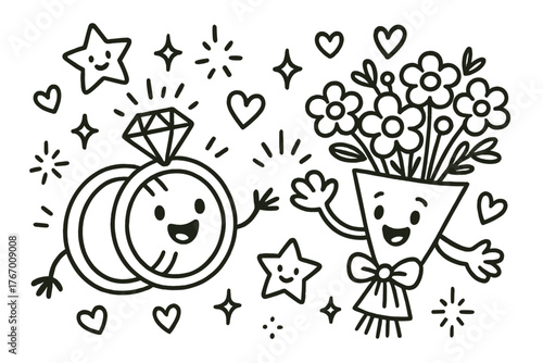 Joyful Wedding Doodles. Playful doodle vector scene of wedding rings and bouquet chatting joyfully, surrounded by doodle sparkles,