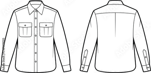 Long sleeve button-up shirt technical sketch, front and back view, fashion flat drawing, apparel design, garment construction, clothing illustration