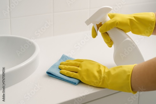 Wallpaper Mural A Person Wearing Yellow Gloves Cleans a Bathroom Countertop with a Cloth and Cleaning Spray, Ensuring a Fresh and Sanitized Environment Torontodigital.ca