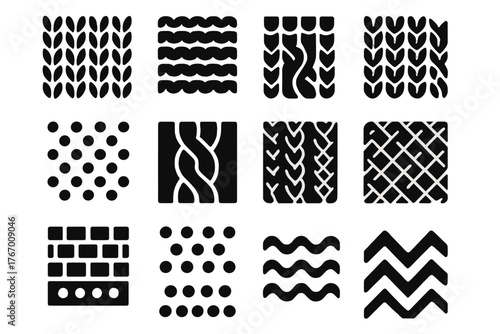 Knitting Stitch Icons. Solid style icons of Knitting stitches and textures: stockinette stitch, garter stitch, ribbing, seed