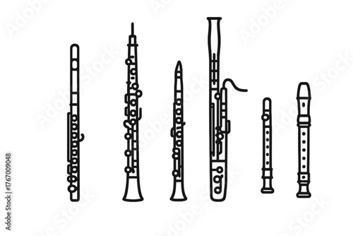 Woodwind Line Icons. Line style icons of woodwind section: flute, oboe, clarinet, bassoon, piccolo, recorder. No text, No labels,