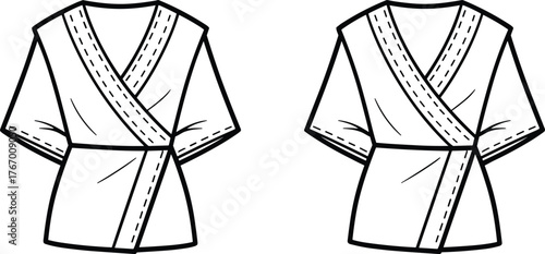 Martial arts gi sketch, fashion illustration, V-neck uniform, belt detail, technical drawing, garment design, stitching comparison, vector template