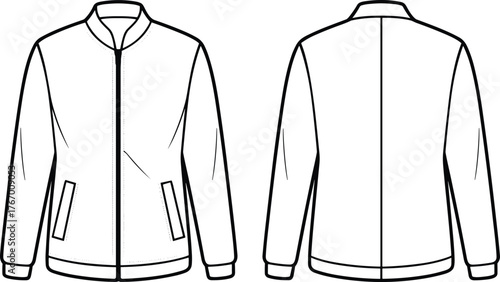 Men’s zip-up jacket technical sketch, front and back view, fashion flat drawing, garment design, apparel illustration, casual outerwear style