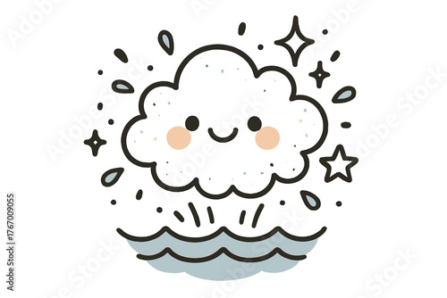 Joyful Misty Cloud. Adorable doodle vector design of a friendly mist cloud puffing happily above the water, surrounded by doodle
