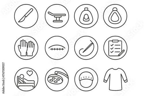 Surgical Procedure Icons. Line style round icons of surgical procedures: scalpel blade, surgery table, anesthesia mask, surgical