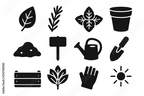 Herb Garden Icons. Solid style icons of Herb Garden: basil leaf, rosemary sprig, mint cluster, clay pot, soil mound, herb marker,
