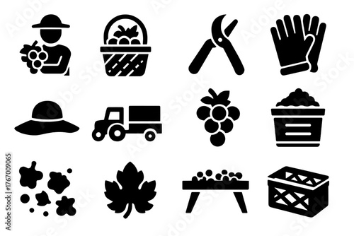 Vineyard Harvest Icons. Solid style icons of Vineyard Harvest: grape picker, filled basket, vine clippers, harvesting gloves, sun