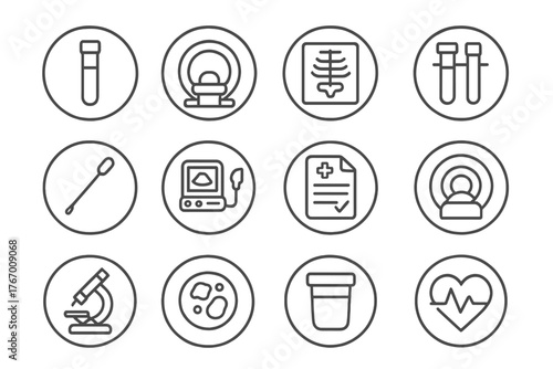 Diagnostics and Testing Icons. Line style round icons of diagnostics and testing: blood test tube, MRI scanner, x-ray icon, lab