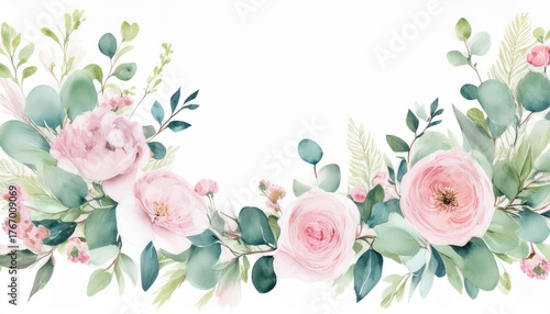 watercolor floral border pink flowers and eucalyptus greenery bouquet dusty roses soft light blush peony border wreath frame perfect wedding stationary greetings fashion background