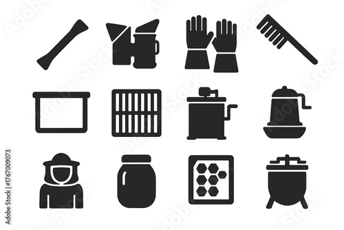 Beekeeping Tools Icons. Solid style icons of Beekeeping Tools: Hive Tool, Smoker, Gloves, Brush, Frame, Queen Excluder, Extractor,