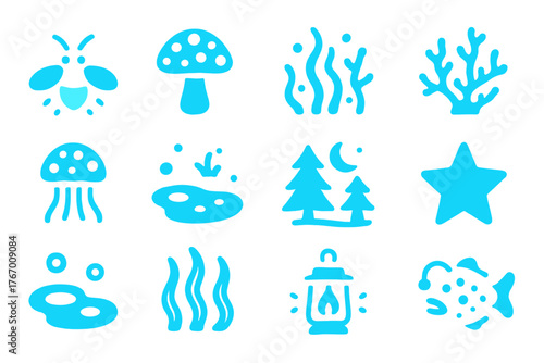 Bioluminescent Nature Icons. Solid style icons of Glowing Nature: Firefly, Mushroom, Algae, Coral, Jellyfish, Lagoon, Night Forest