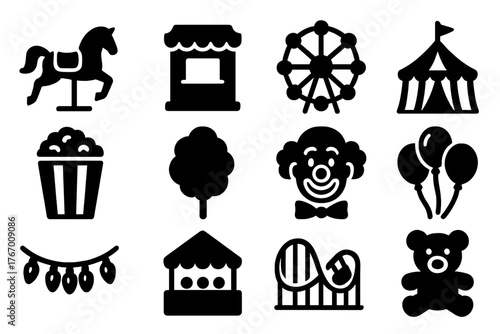Carnival Icons Collection. Solid style icons of Carnival: carousel horse, ticket booth, ferris wheel, striped tent, popcorn bucket