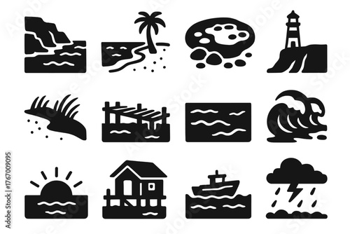 Coastal Scenery Icons. Solid style icons of Coastal Scenery: rocky coast, sandy beach, tide pool, lighthouse cliff, grassy dune,