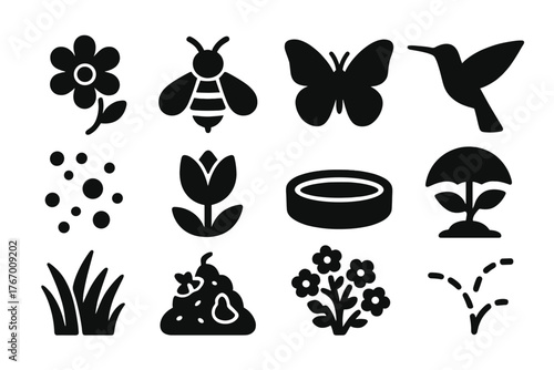 Pollinator Habitat Icons. Solid style icons of Pollinator Habitat: nectar flower, garden bee, butterfly, hummingbird, pollen dust,